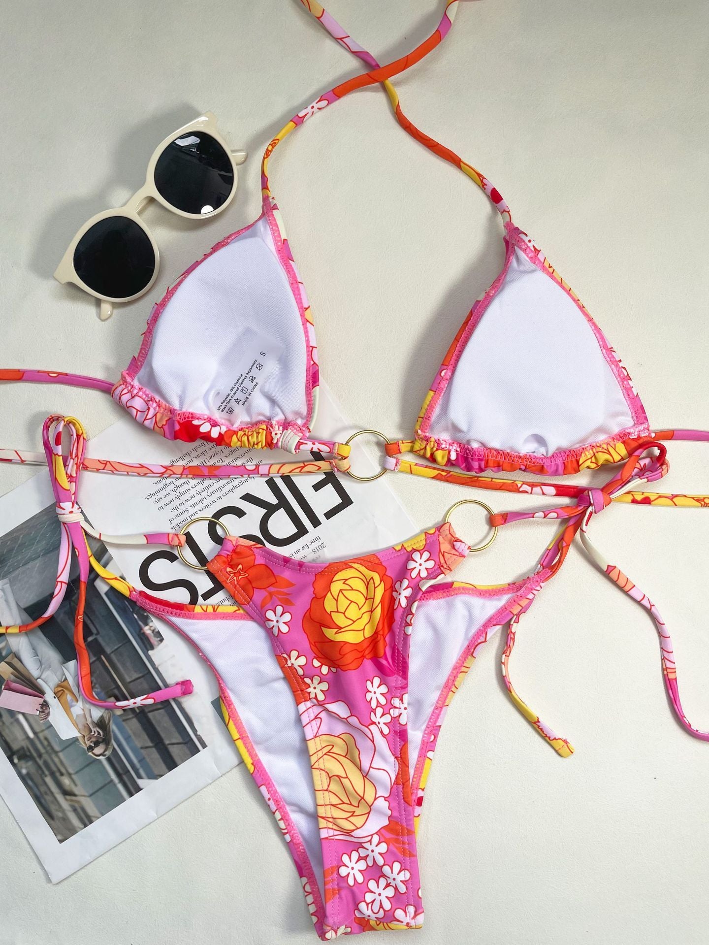 Seductive three-point printed lace-up backless bikinis