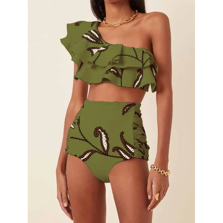 Printed oblique shoulder ruffled high waist bikini sets