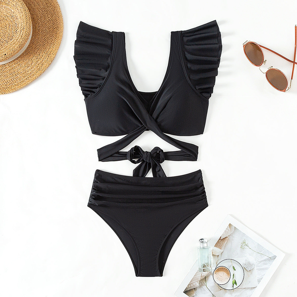 Flounced cross high waist bikini sets