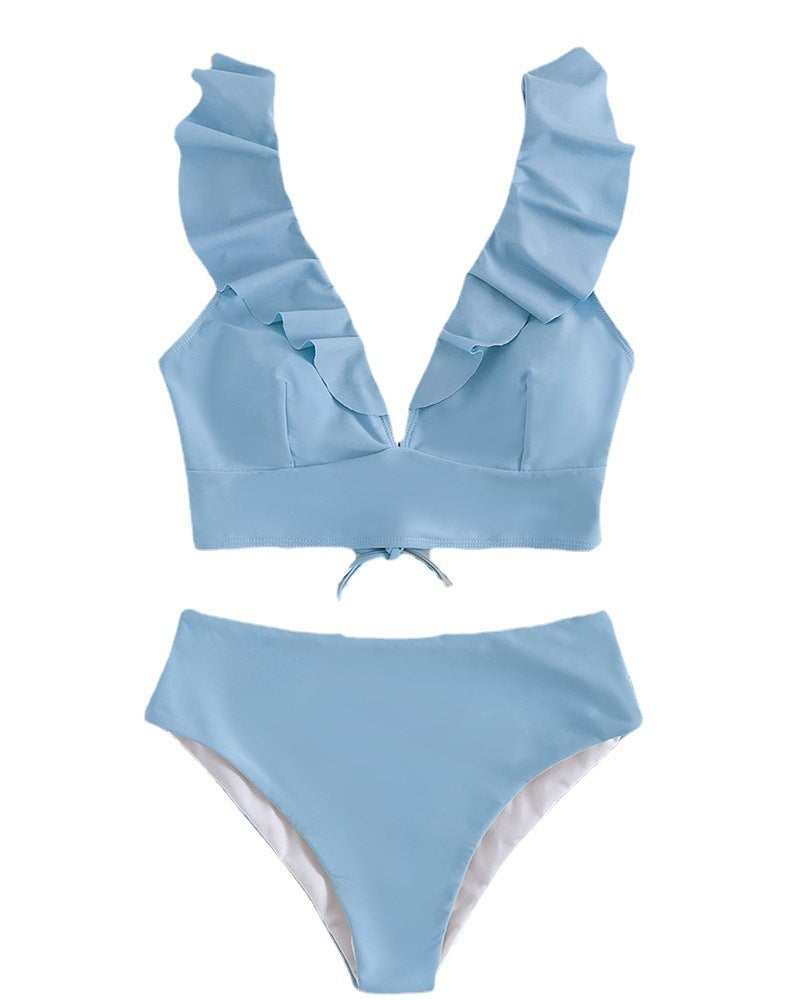 Flirty flounced V-neck high-waist split bikinis