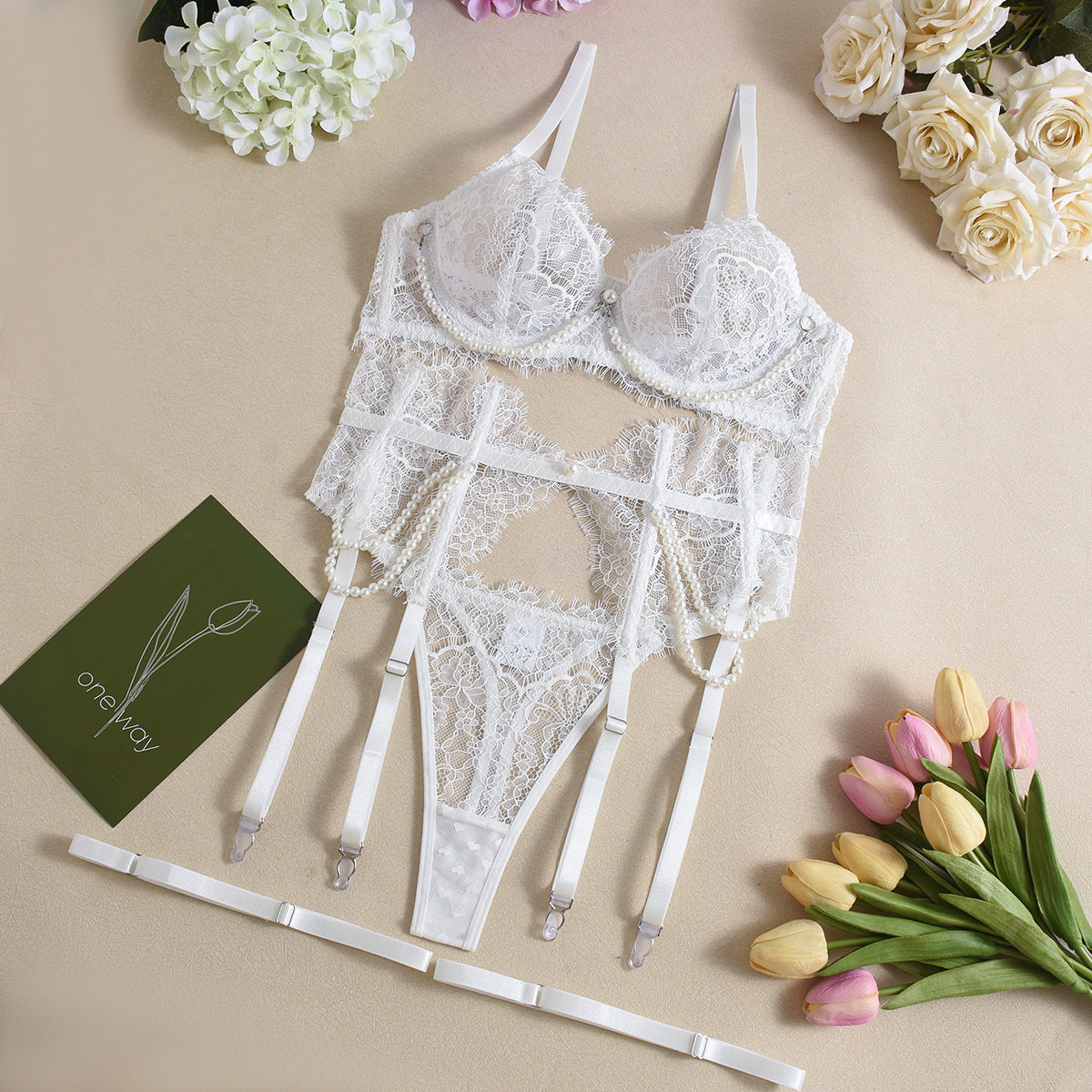 Sexy lace bra lingerie sets with pearls