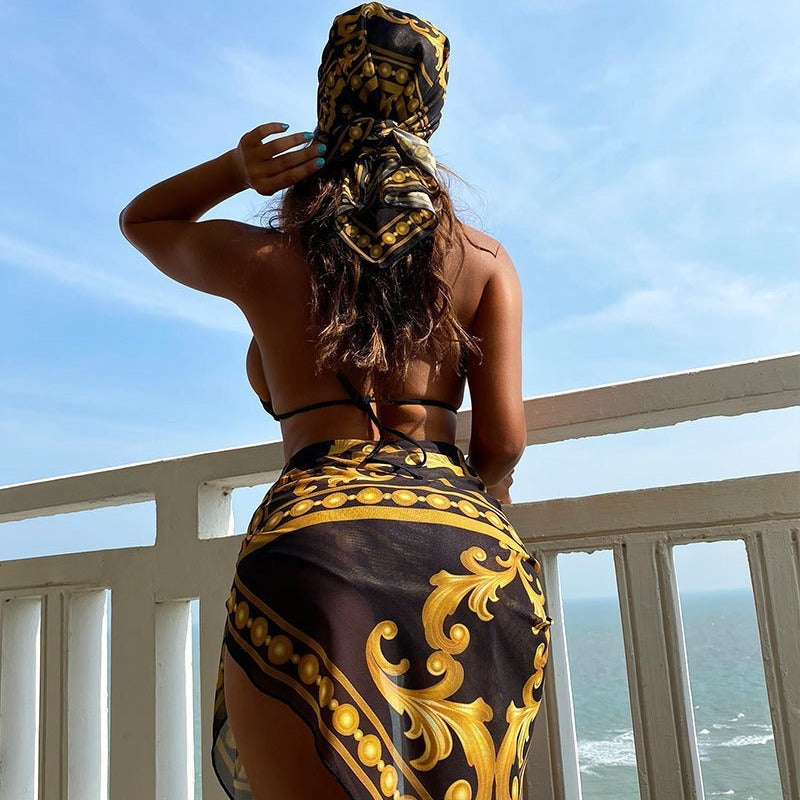 Vintage print lace-up three-piece bikini sets