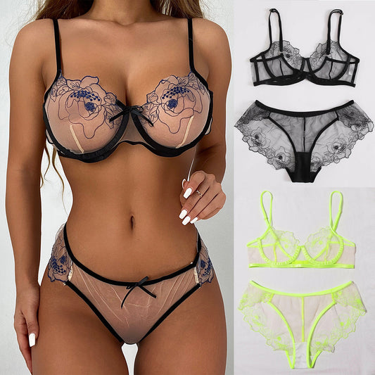 Mesh embroidered sheer lingerie sets