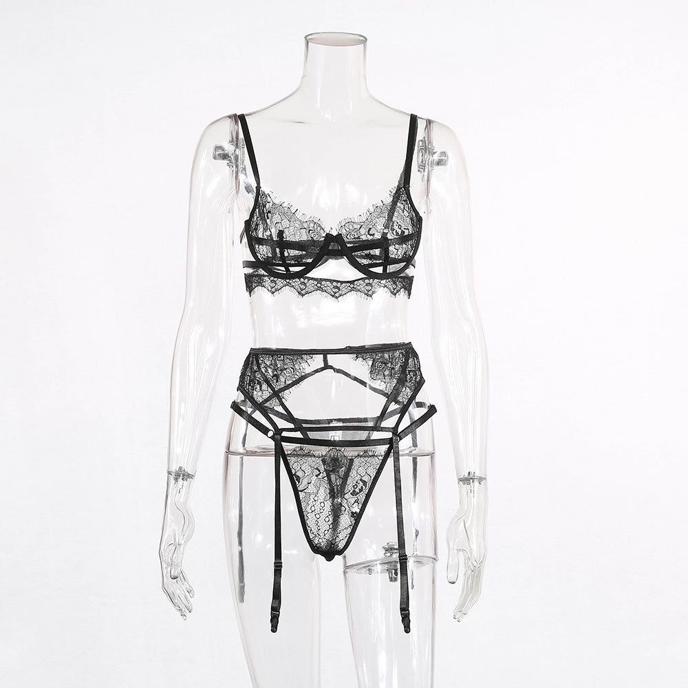 Lace eyelashes three-piece sheer lingerie