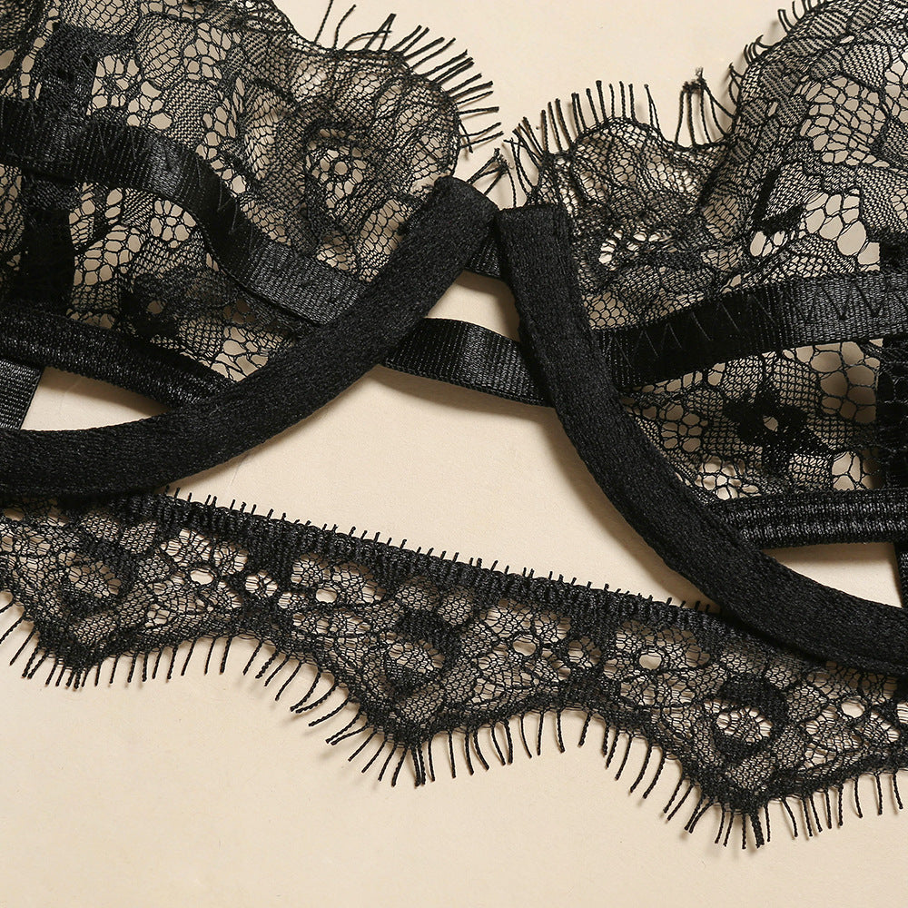 Lace eyelashes three-piece sheer lingerie