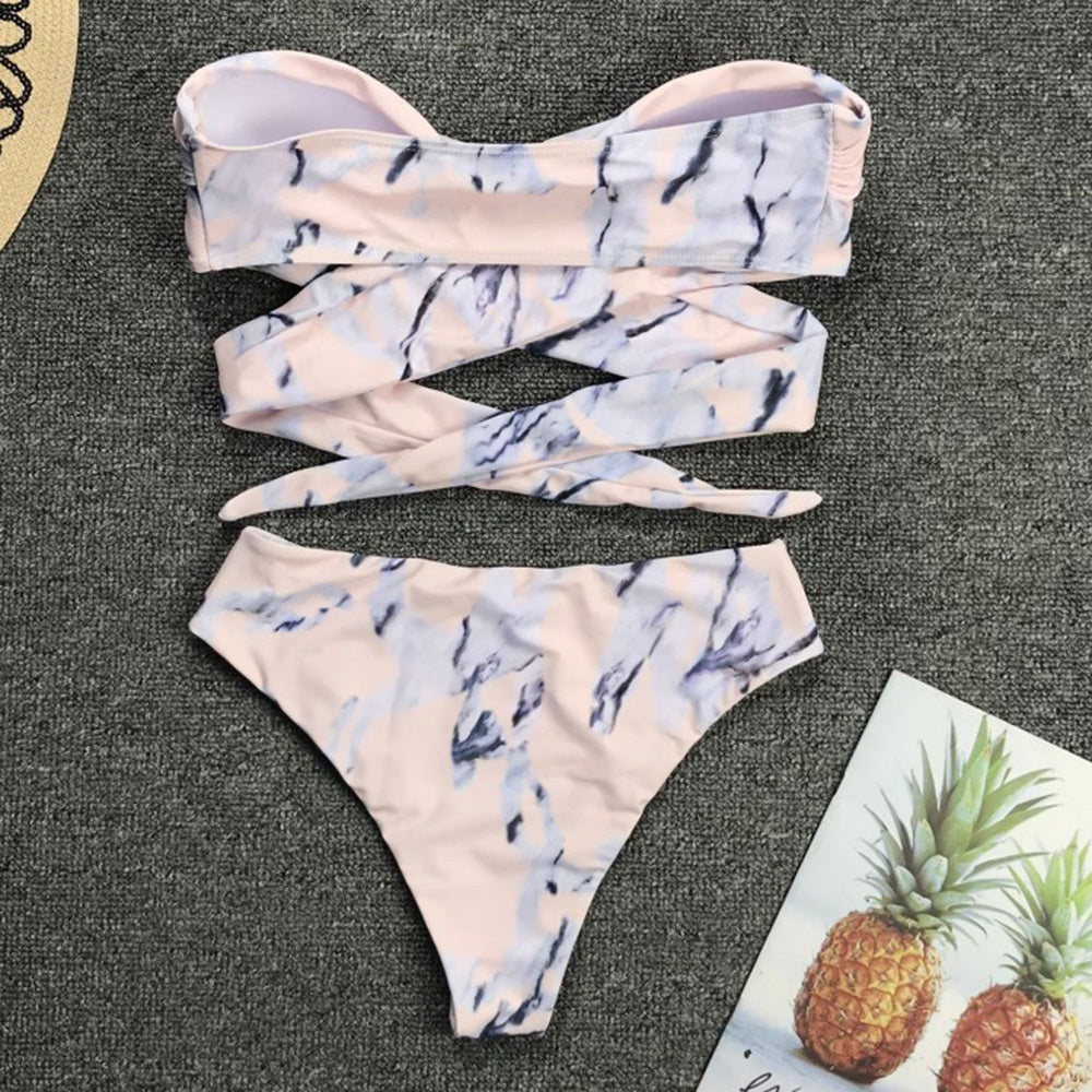 Gathered bandage high waist split bikini sets