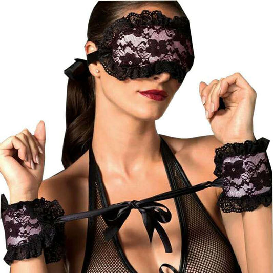 Sexy lingerie lace blindfold and handcuffs three-piece sets