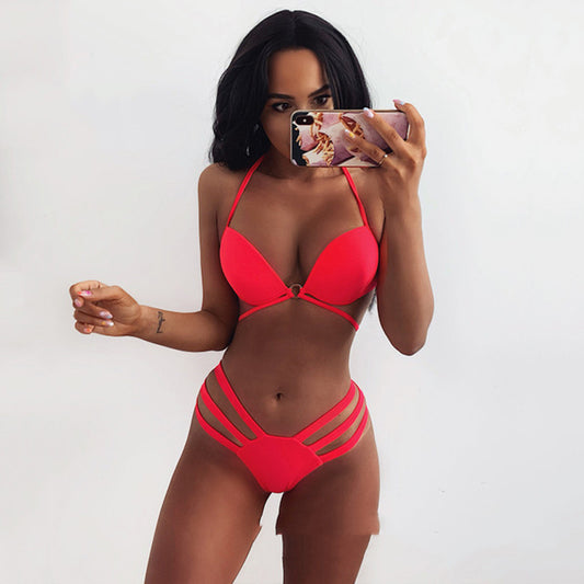 Sensual solid-color split bikinis