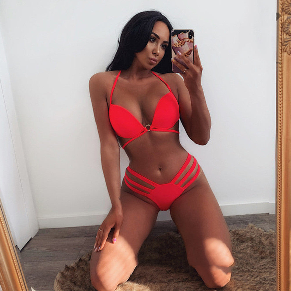Sensual solid-color split bikinis