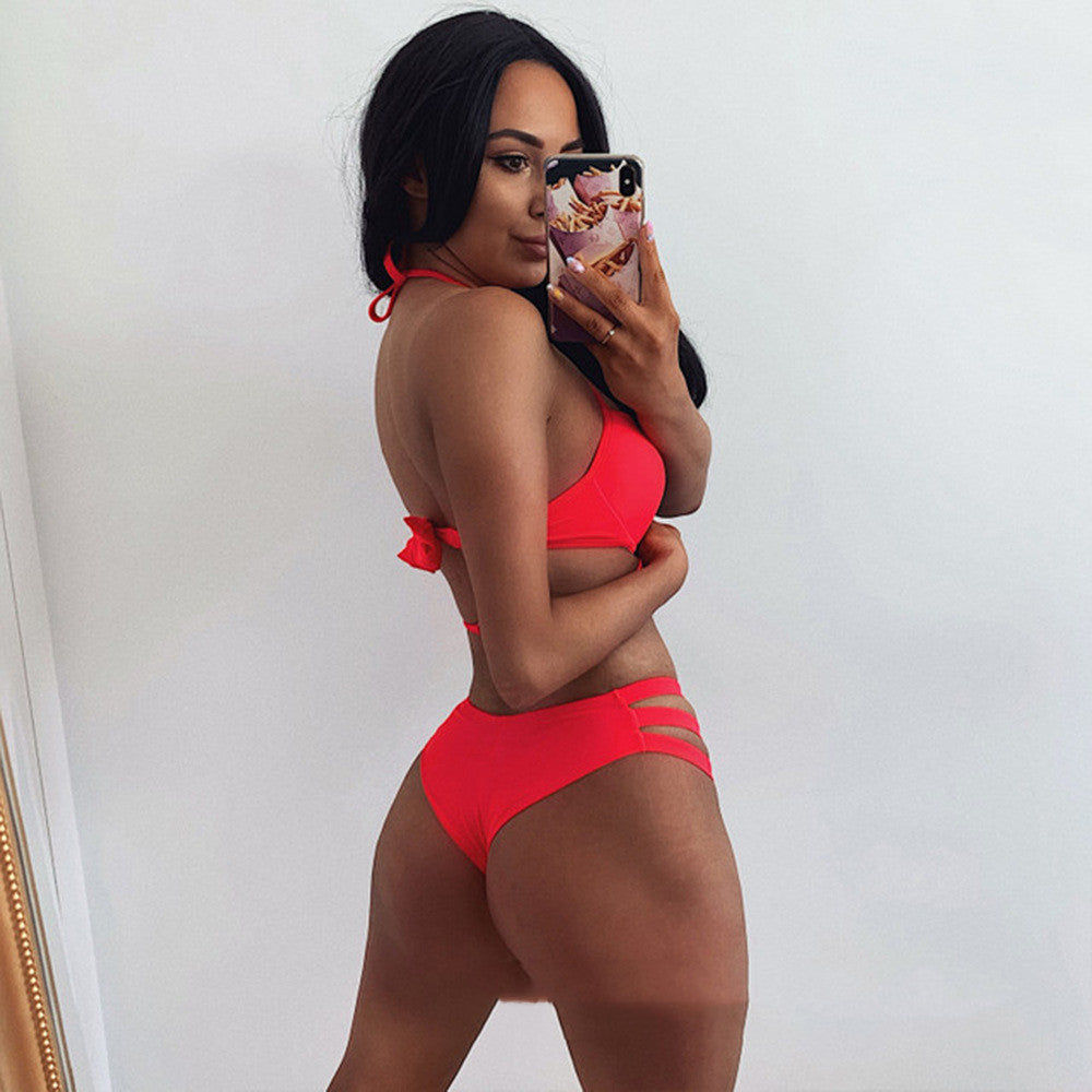 Sensual solid-color split bikinis