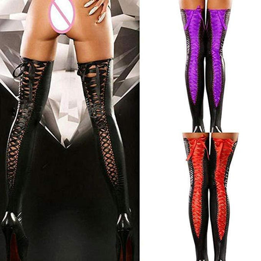 Patent leather thigh-high lingerie sets