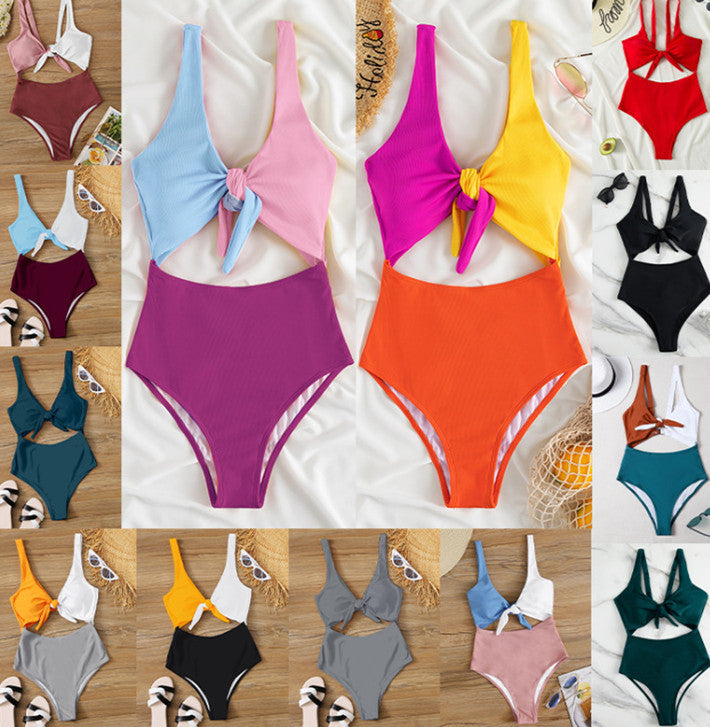 Colorblock knotted one-piece and two-piece bikini sets