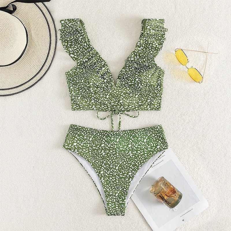 Flirty flounced V-neck high-waist split bikinis