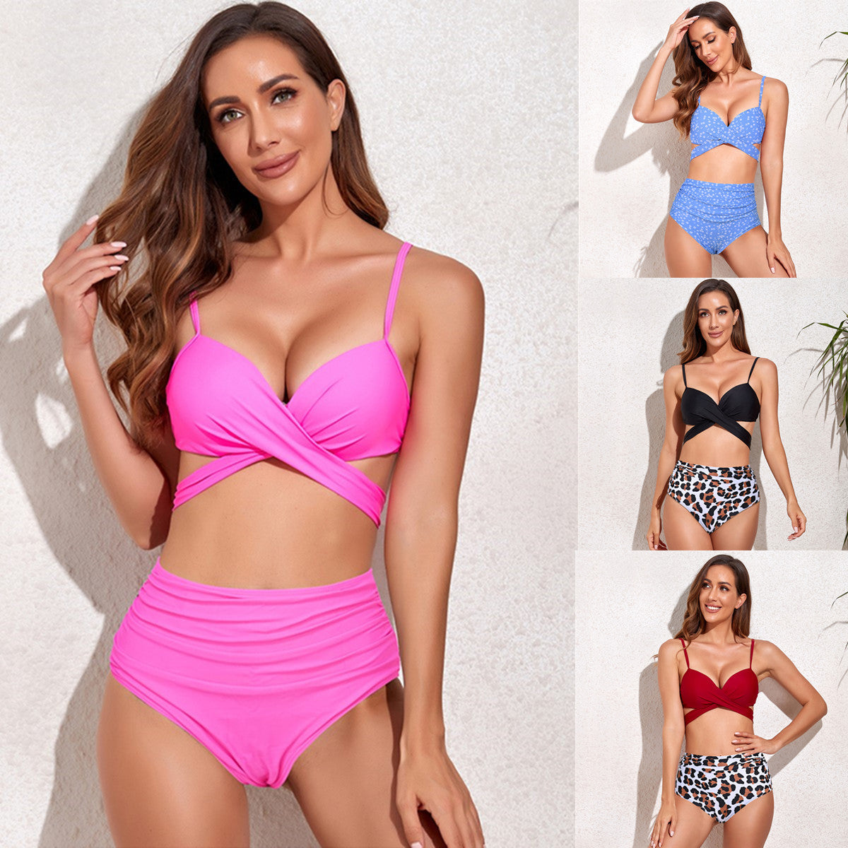 Cross strap high waist printed bikini sets