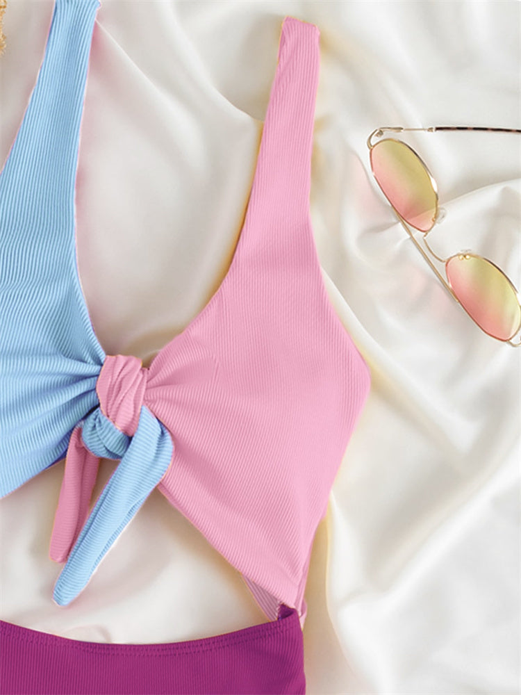 Colorblock knotted one-piece and two-piece bikini sets