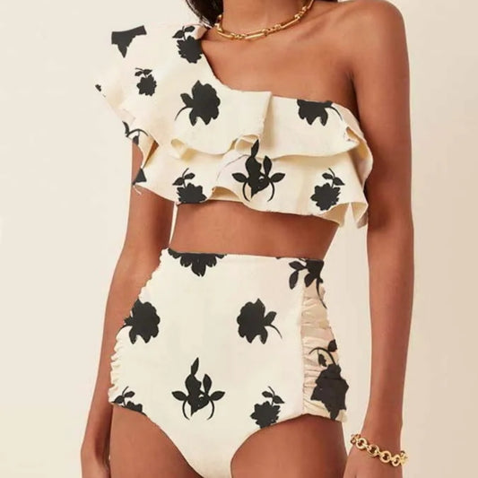 Printed oblique shoulder ruffled high waist bikini sets