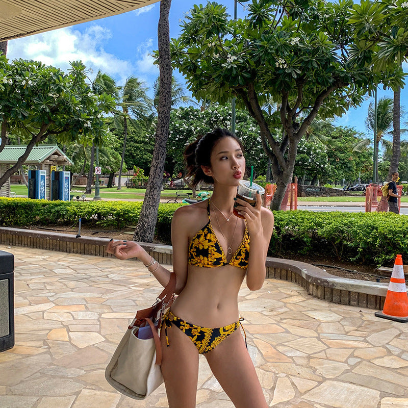 Exotic printed high-waist triangle bikinis