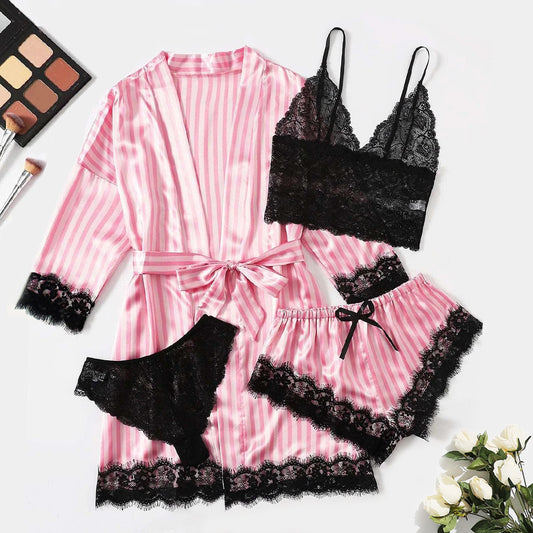 Satin striped coat lace bras sets