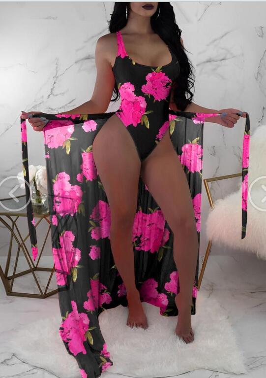 Flirty mesh outerwear color-contrast three-piece bikinis