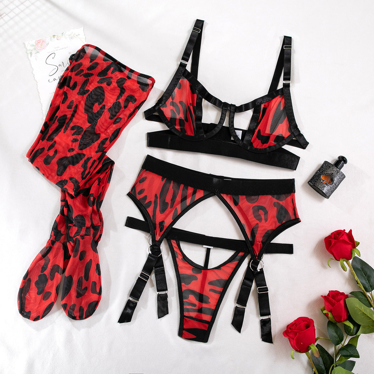 Leopard print mesh hollow lingerie sets