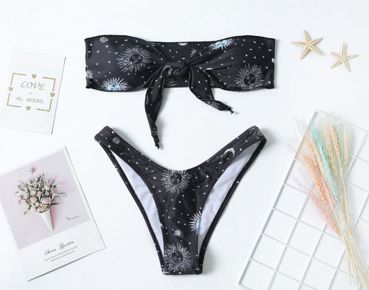 Printed split tube top bikini sets