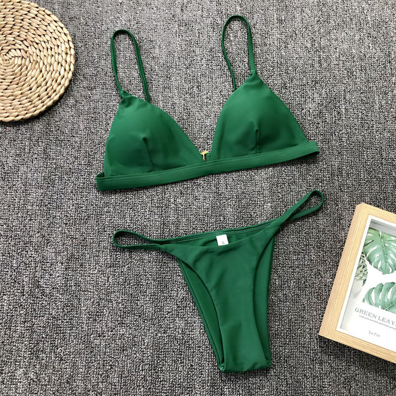 Solid color gathered V-back split bikini sets