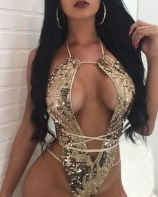 Glamorous sequined halter one-piece bikinis