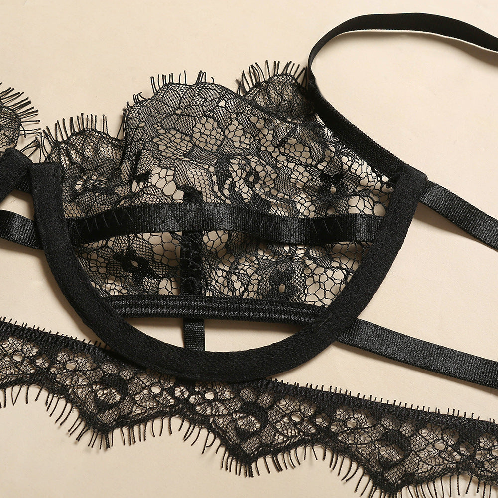 Lace eyelashes three-piece sheer lingerie