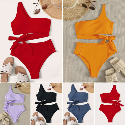 Solid color one-shoulder bikini sets