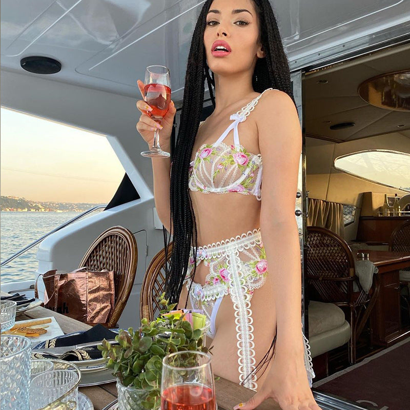 Bowknot embroidery retro floral sexy lingerie