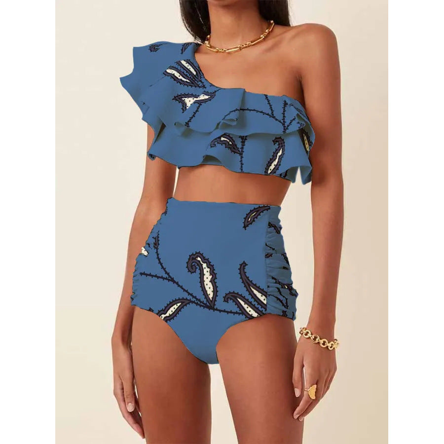 Printed oblique shoulder ruffled high waist bikini sets