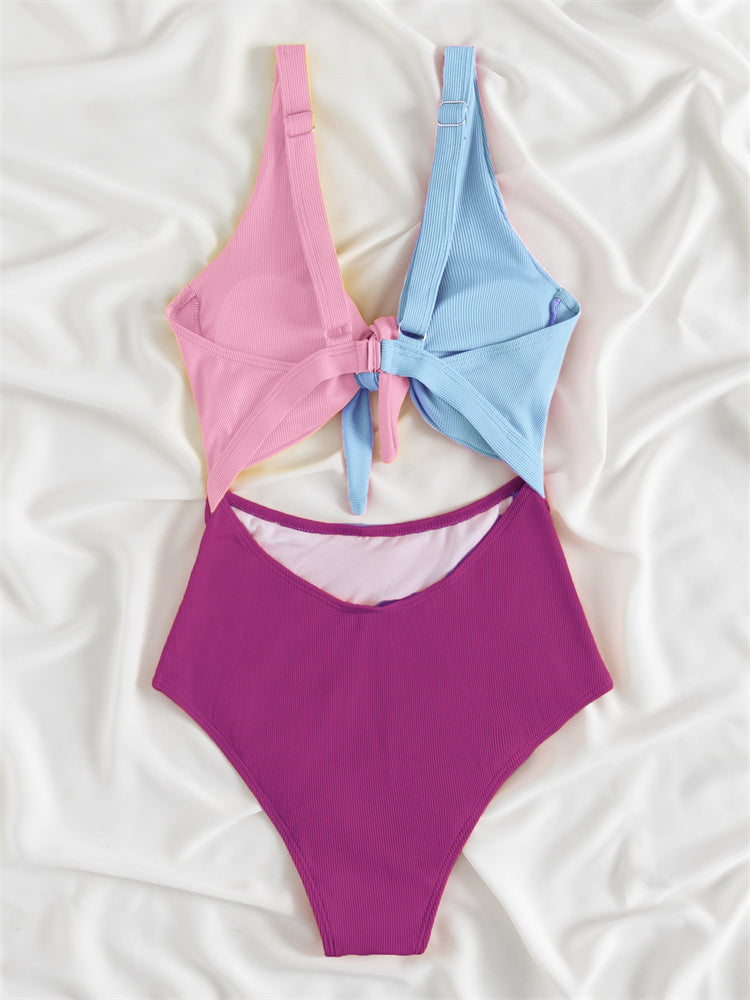 Colorblock knotted one-piece and two-piece bikini sets