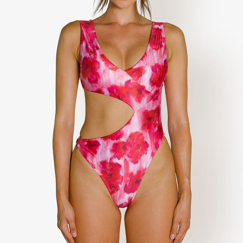 Solid color hollow-out printed bikini sets