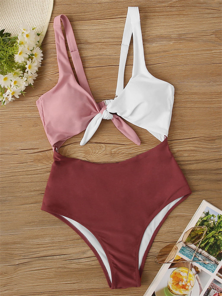 Colorblock knotted one-piece and two-piece bikini sets