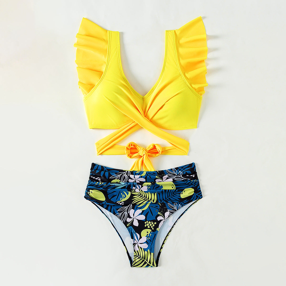 Flounced cross high waist bikini sets
