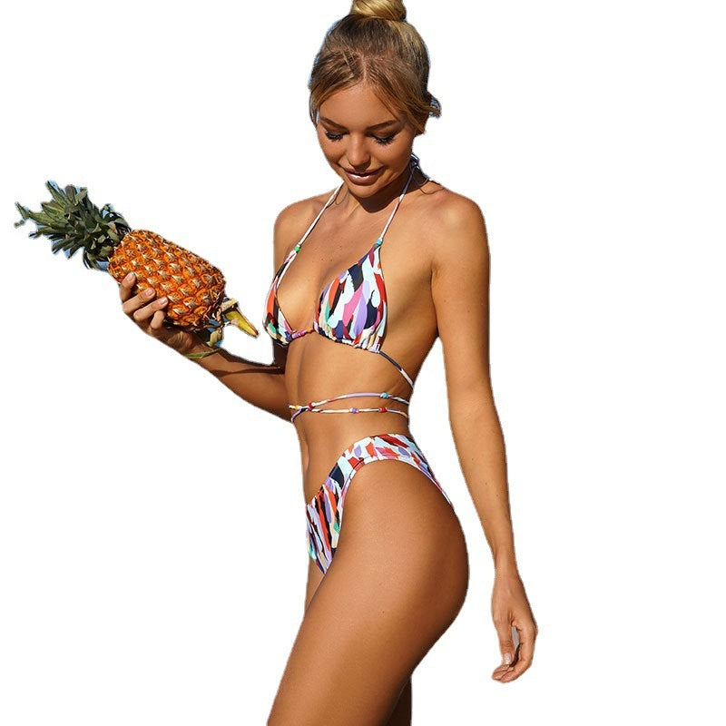 Printed contrast color split bikini sets