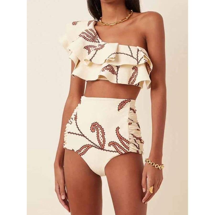 Printed oblique shoulder ruffled high waist bikini sets
