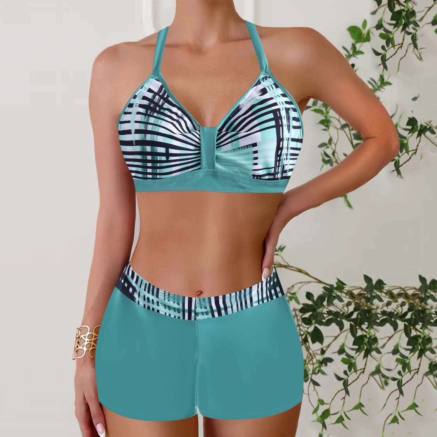 Boxer halter slimming printed bikini sets