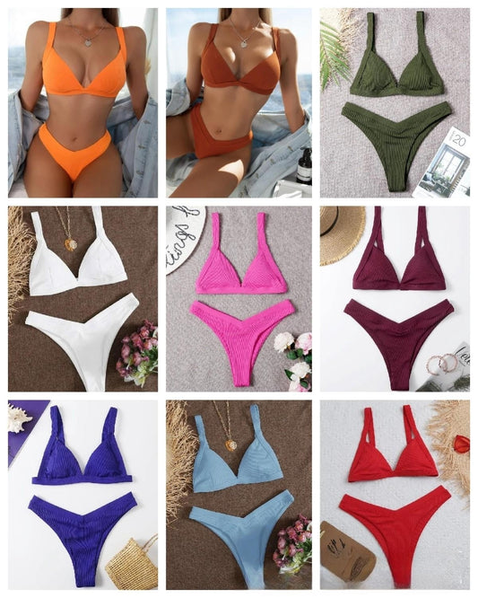 Solid small sunken stripe bikini sets