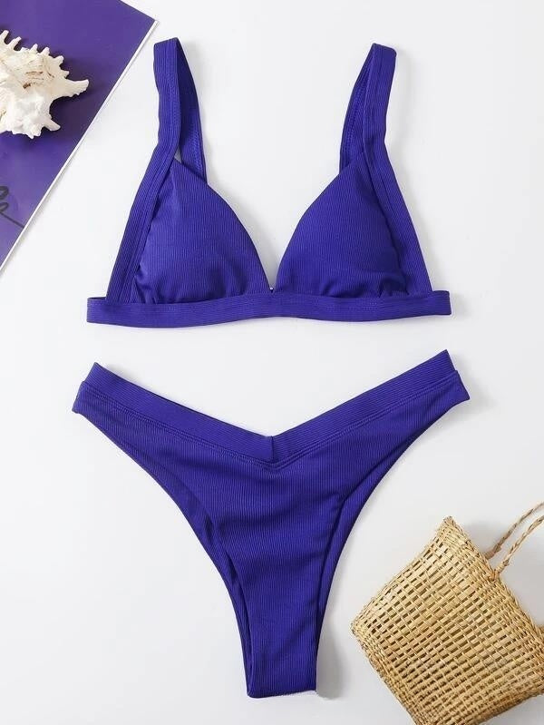 Solid small sunken stripe bikini sets