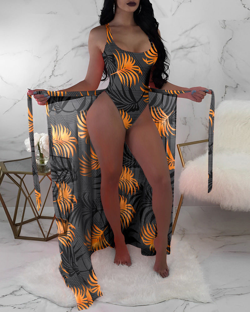 Flirty mesh outerwear color-contrast three-piece bikinis