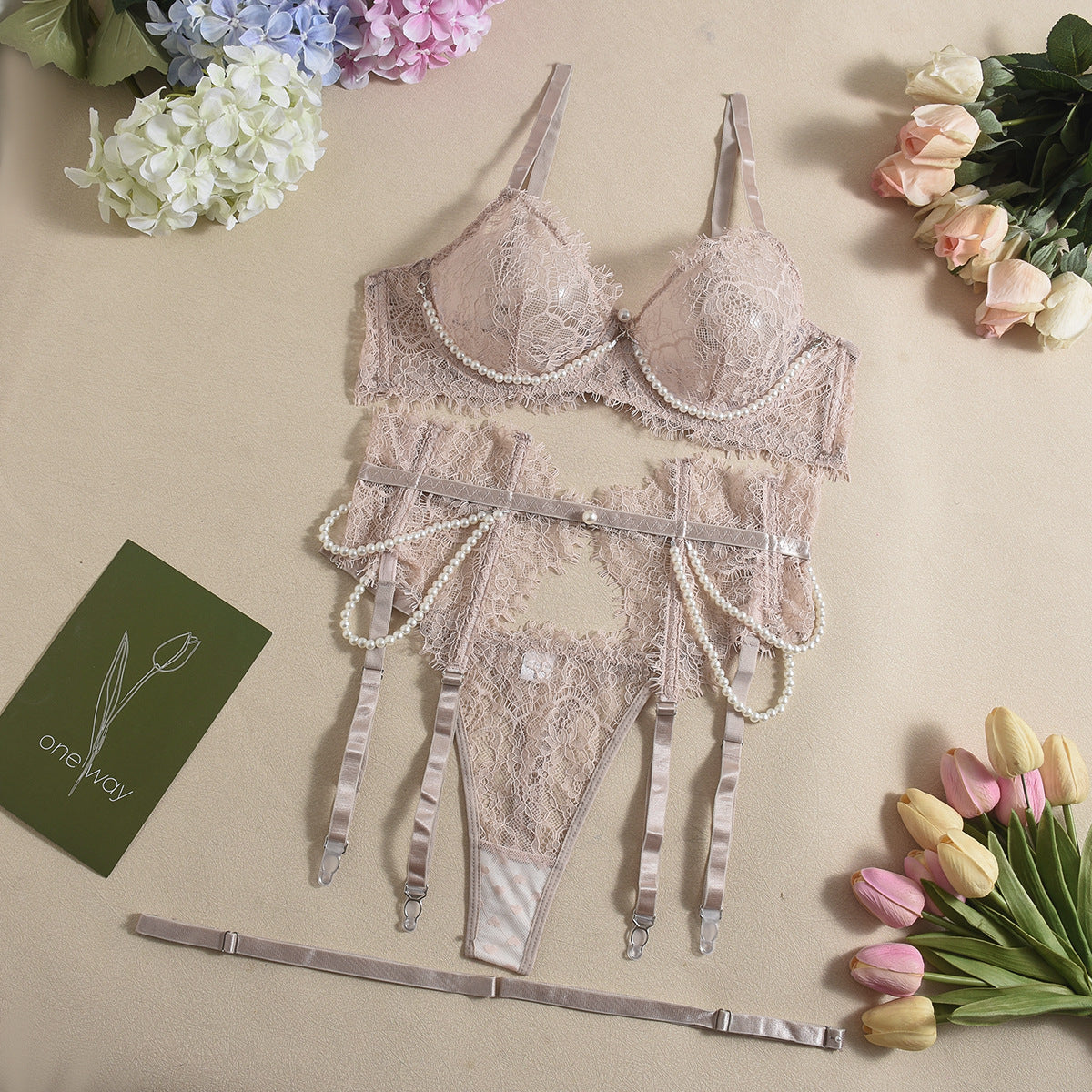 Sexy lace bra lingerie sets with pearls