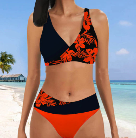 Seductive split triangle halter lace-up printed bikinis