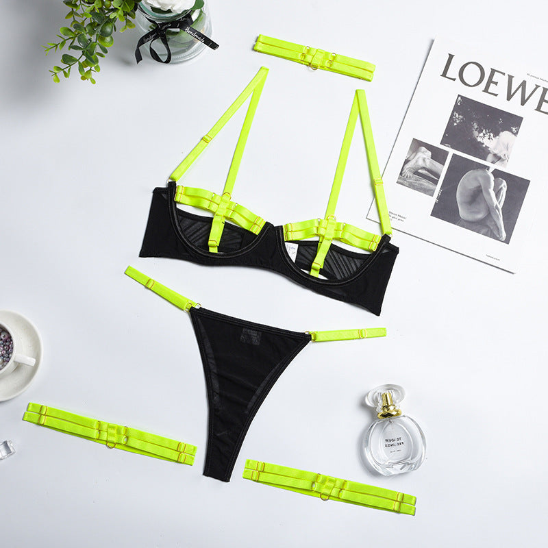 Two-color stitched strap four-piece lingerie sets
