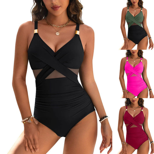 Pure color mesh one-piece swimsuits