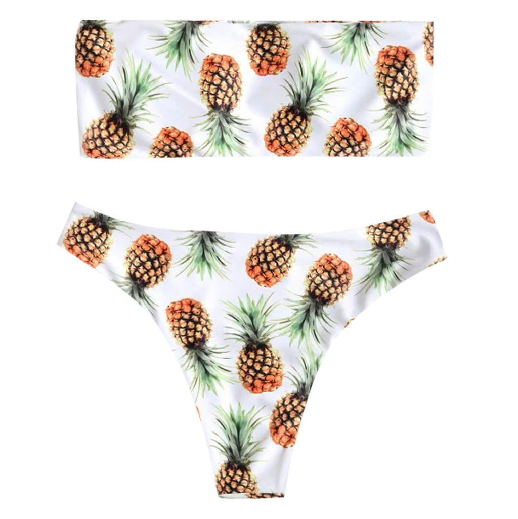 Playful pineapple print tube top split bikinis