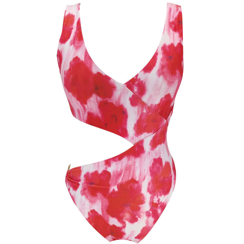 Solid color hollow-out printed bikini sets