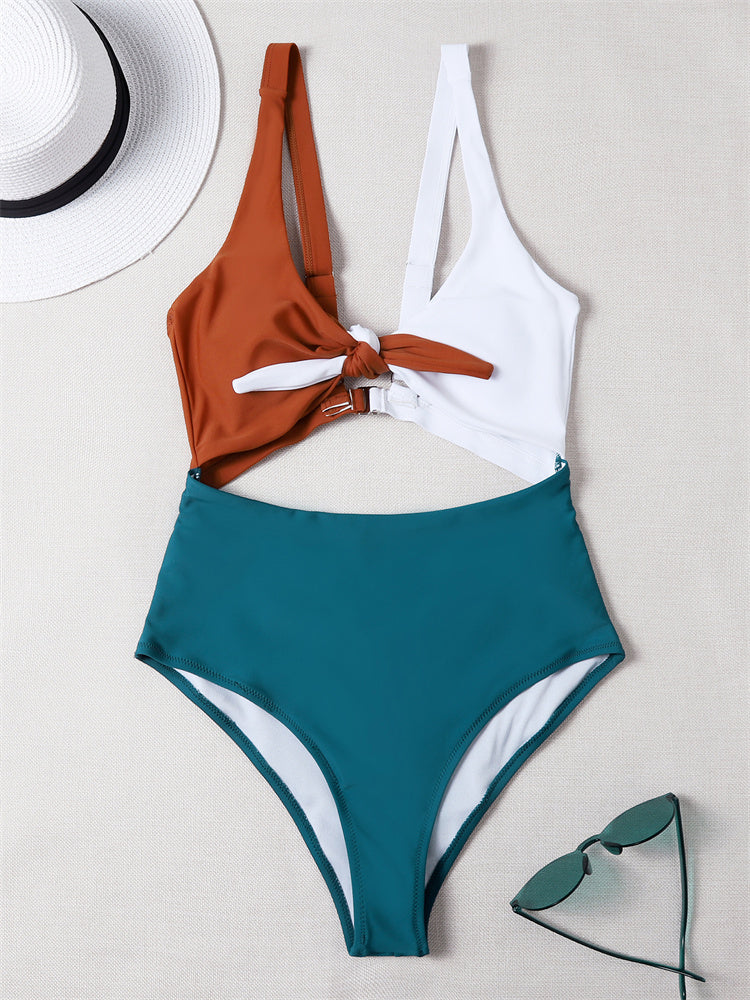 Colorblock knotted one-piece and two-piece bikini sets