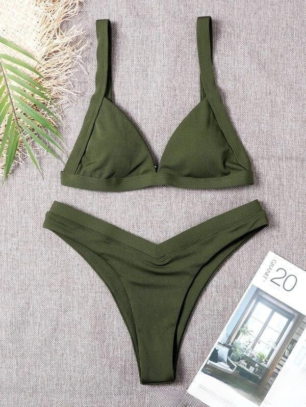 Solid small sunken stripe bikini sets