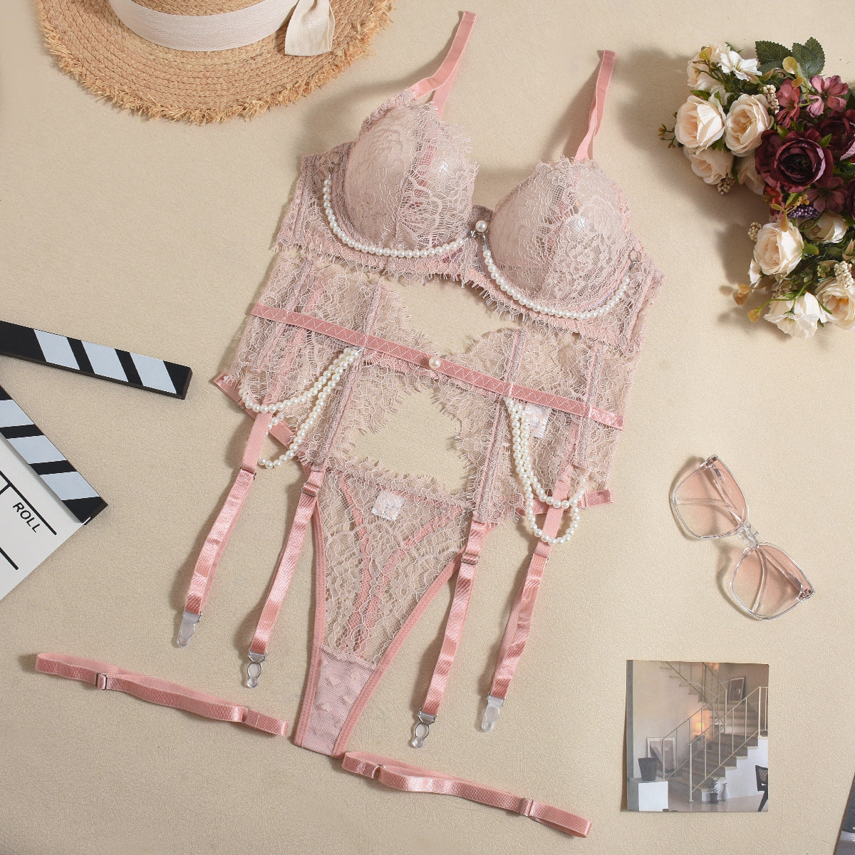 Sexy lace bra lingerie sets with pearls